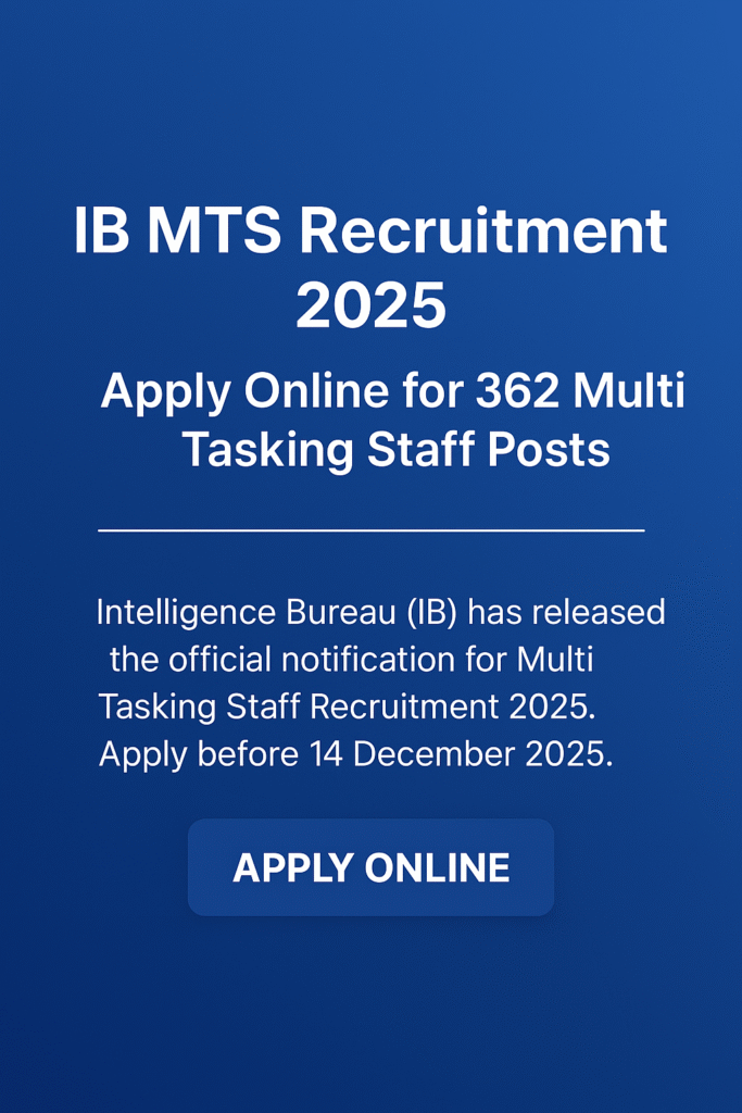 IB MTS Recruitment 2025 Notification - Apply Online for 362 Multi Tasking Staff Posts in Intelligence Bureau