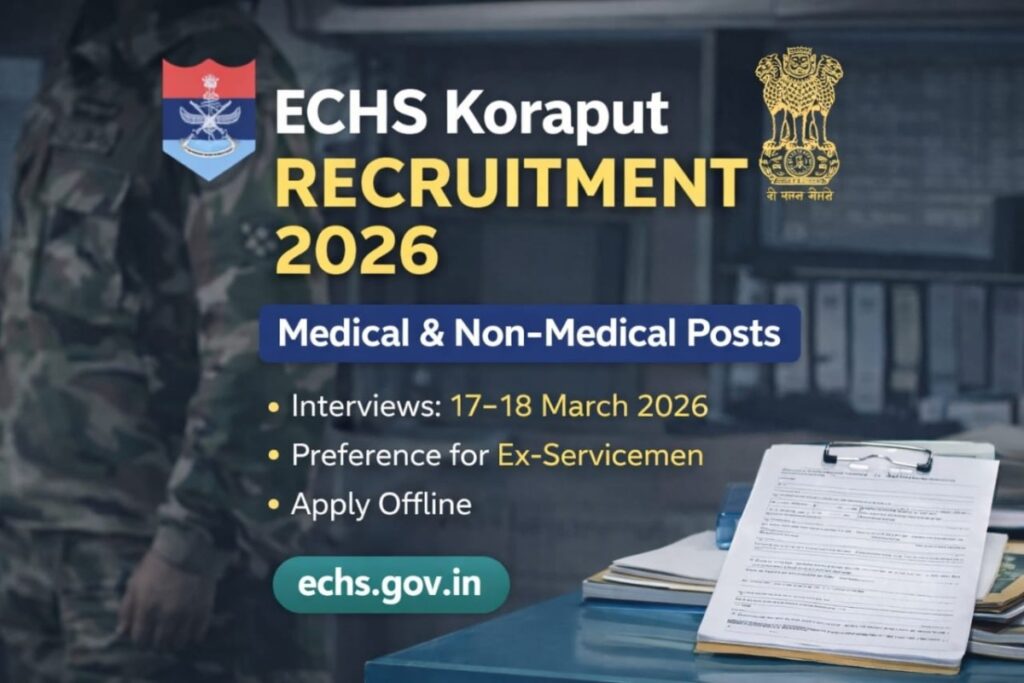 ECHS Koraput Recruitment 2026 notification showing medical and non-medical posts with interview dates 17–18 March 2026