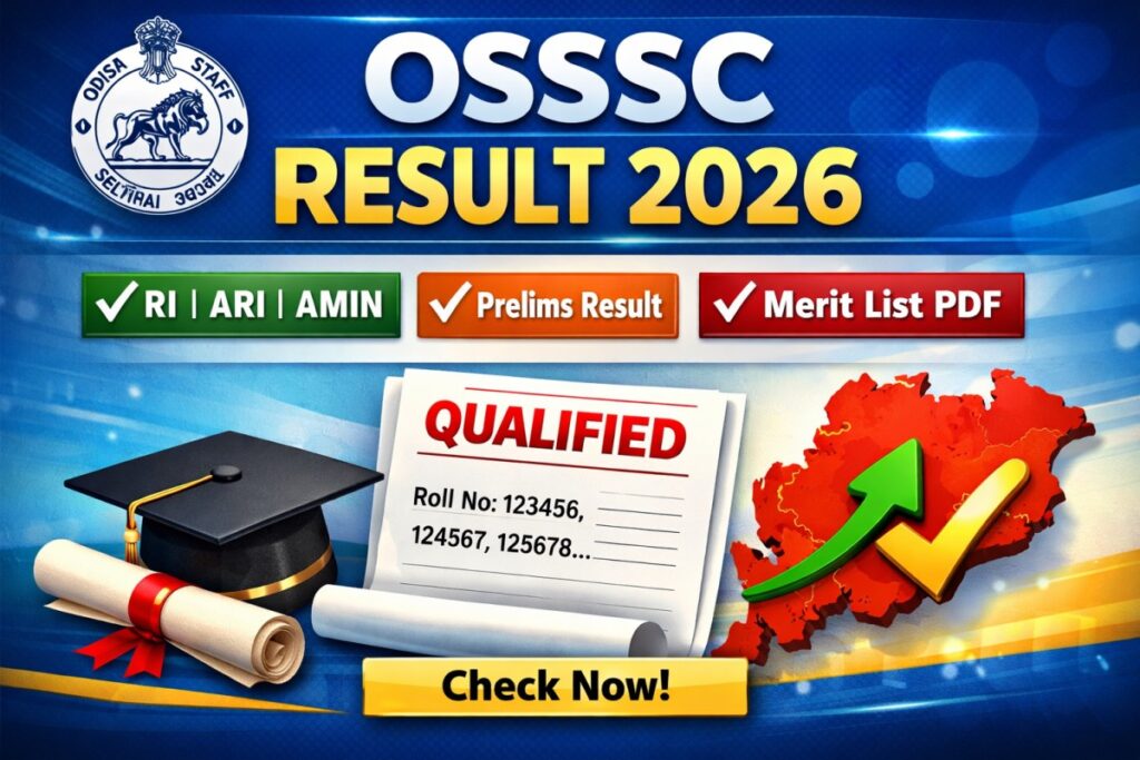 OSSSC Result 2026 thumbnail showing RI ARI Amin prelims result and merit list announcement