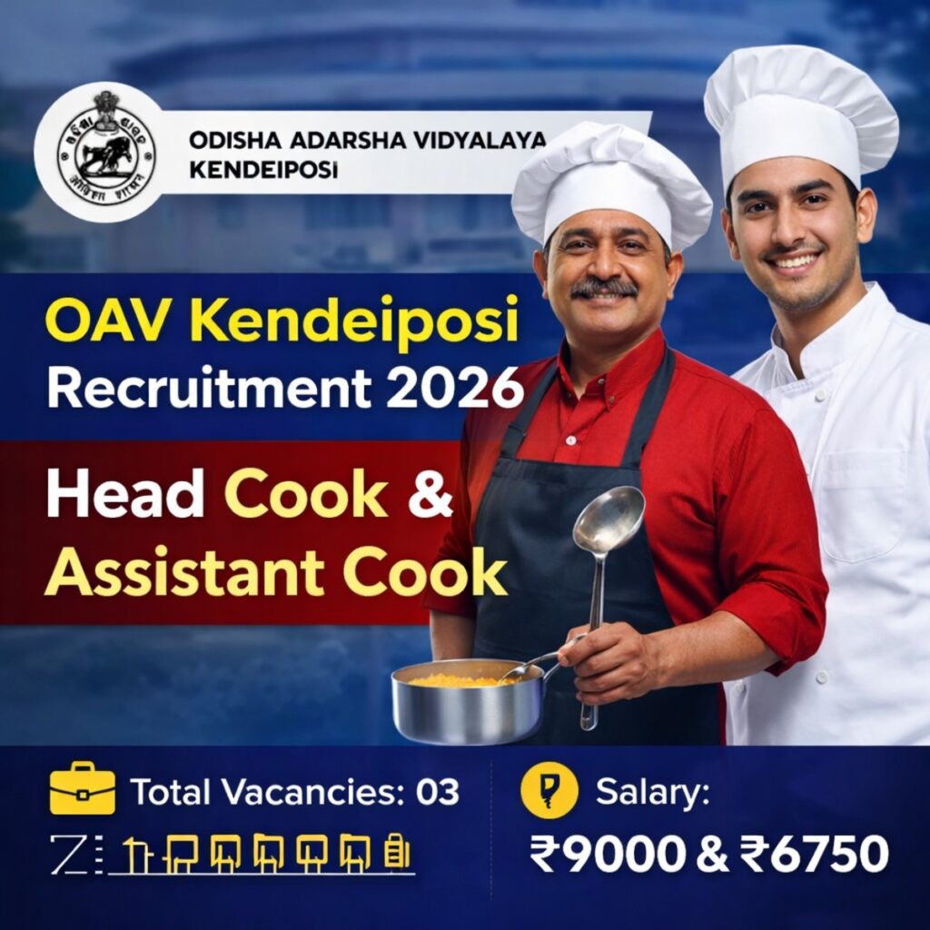 OAV Kendeiposi Recruitment 2026 thumbnail showing Head Cook and Assistant Cook vacancy details with salary and total posts.