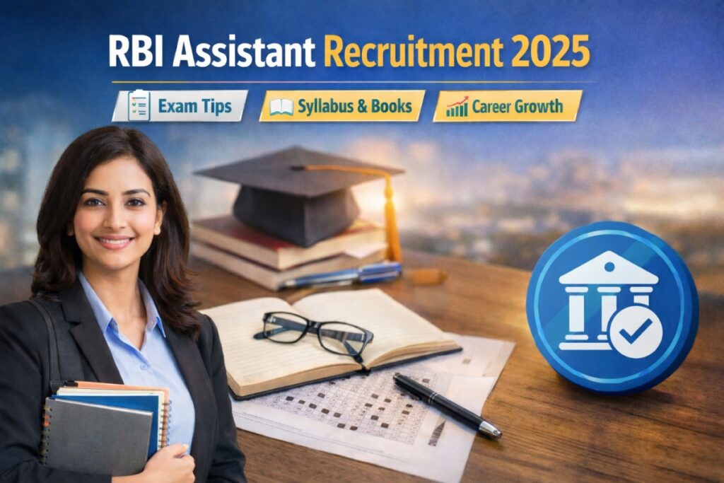 RBI Assistant Recruitment 2025 notification banner showing exam details, syllabus, and career information