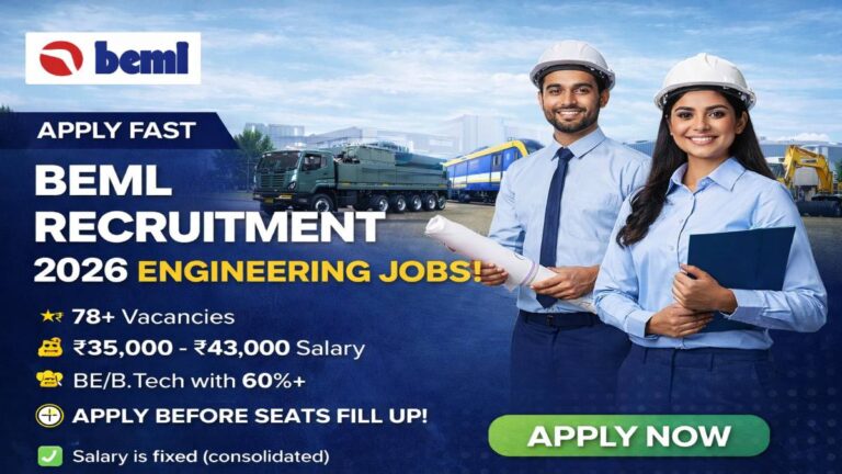 BEML Recruitment 2026 engineering jobs apply online 78 vacancies salary 35000 to 43000