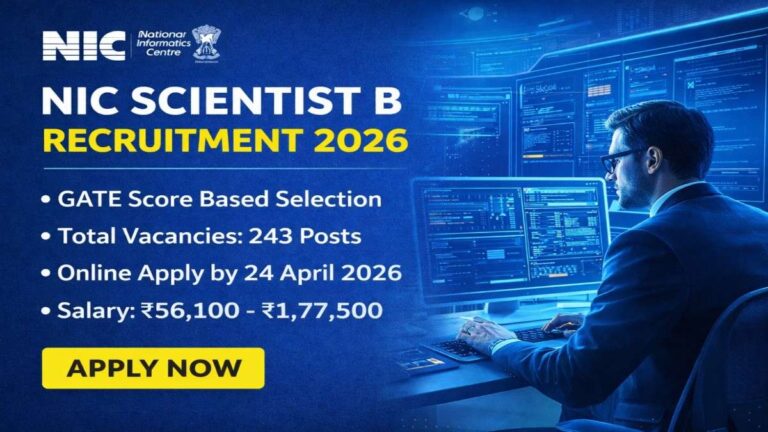 NIC Scientist B Recruitment 2026 notification image showing GATE based selection 243 vacancies and apply online details