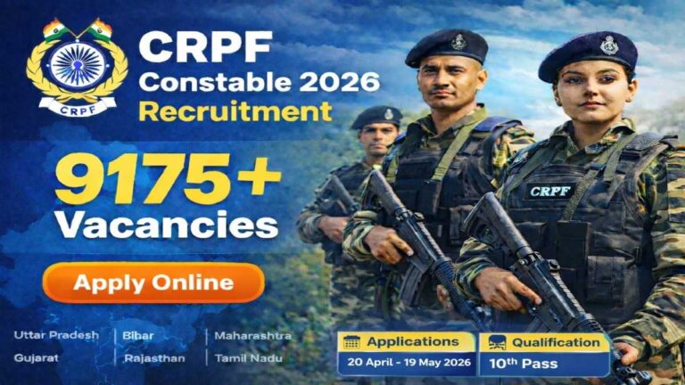 CRPF Constable Recruitment 2026 banner with 9175 vacancies apply online last date and 10th pass qualification details