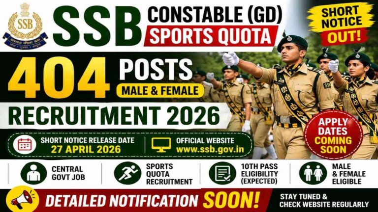 SSB Constable GD Sports Quota Recruitment 2026 404 Posts Short Notice Central Govt Jobs
