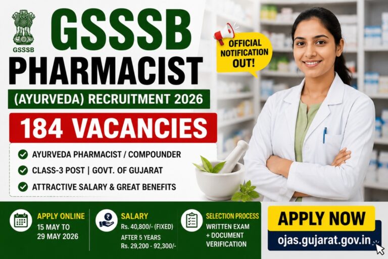 GSSSB Pharmacist Recruitment 2026 notification image for 184 Ayurveda Pharmacist and Compounder vacancies in Gujarat