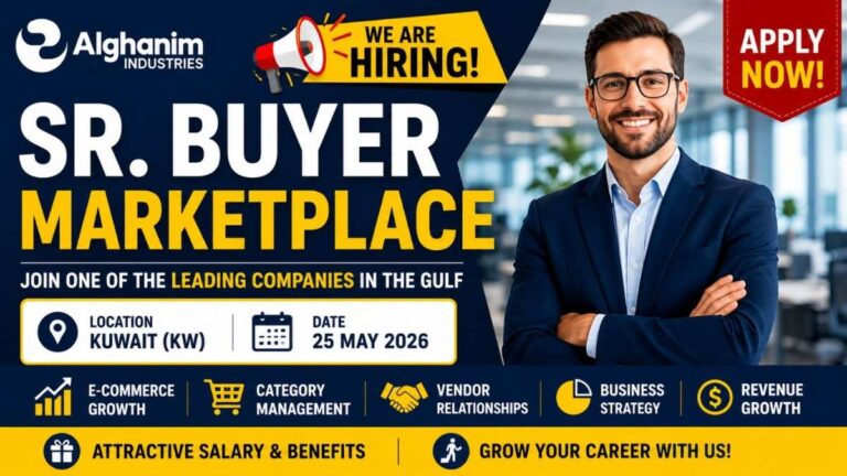 Alghanim Industries Sr Buyer Marketplace Job in Kuwait 2026 recruitment banner showing hiring notification, Kuwait location, salary benefits, and apply online details.