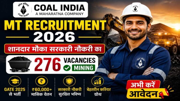 Coal India MT Recruitment 2026 notification image for Mining discipline through GATE 2025 score with 276 vacancies