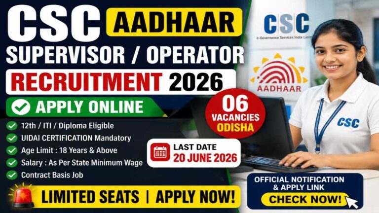 CSC Aadhaar Supervisor Operator Recruitment 2026 feature image showing Aadhaar Operator vacancies, eligibility criteria, last date and apply online details