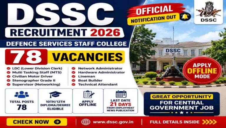 DSSC Recruitment 2026 notification out for 78 Group C posts apply offline