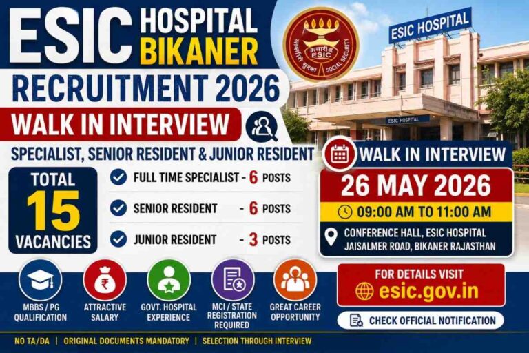 ESIC Hospital Bikaner Recruitment 2026 Walk In Interview for Specialist Senior Resident and Junior Resident Posts