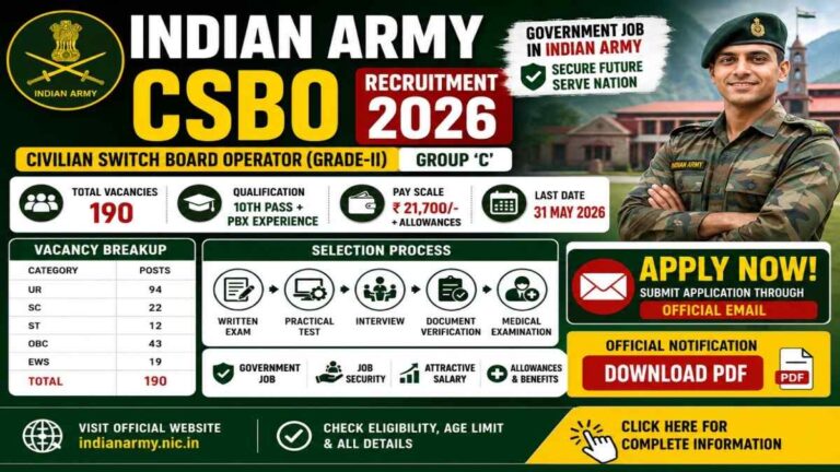 Indian Army CSBO Recruitment 2026 Notification for 190 Group C Posts