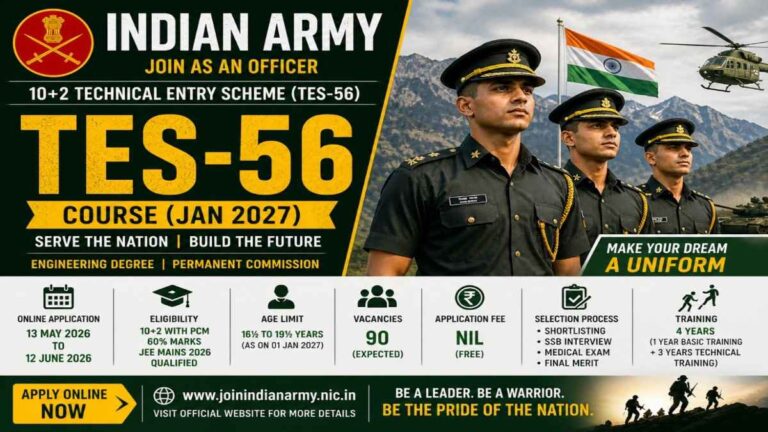 Indian Army TES 56 Recruitment 2026 officer entry notification 10+2 technical entry scheme details