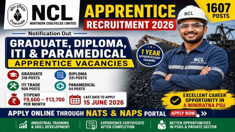 NCL Apprentice Recruitment 2026 feature image showing Graduate Diploma ITI and Paramedical apprentice vacancies with 1607 posts and stipend details