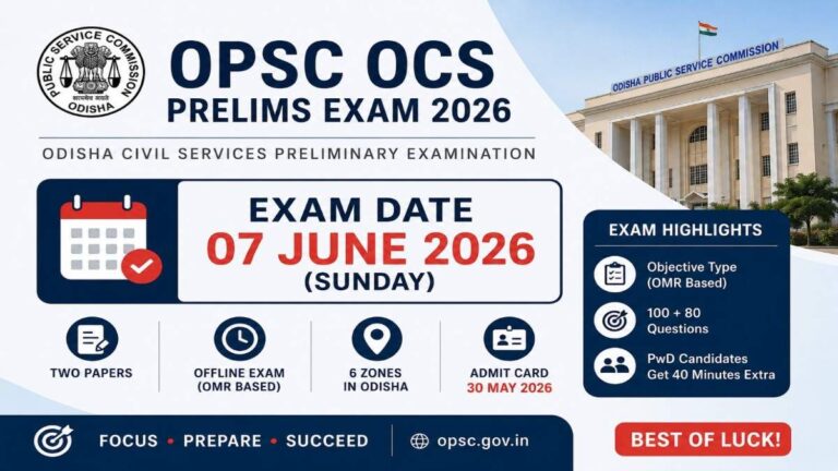 OPSC OCS Prelims Exam Date 2026 official exam schedule banner released by Odisha Public Service Commission