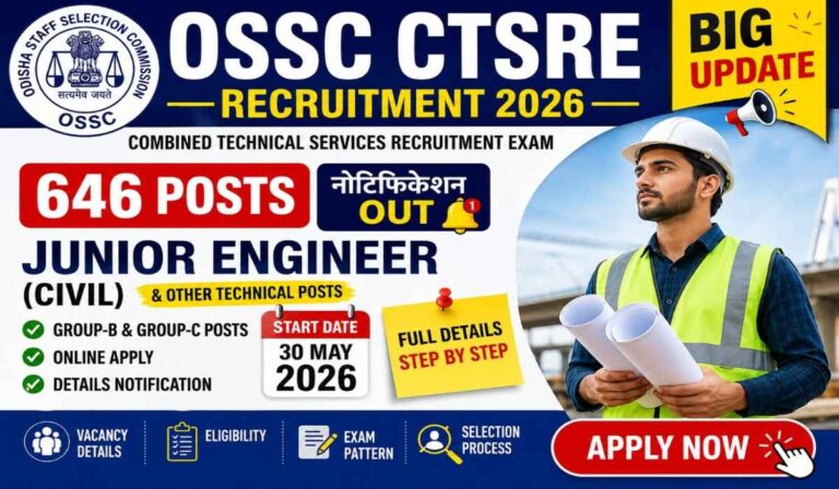 OSSC CTSRE Recruitment 2026 notification for Junior Engineer Civil and technical posts in Odisha