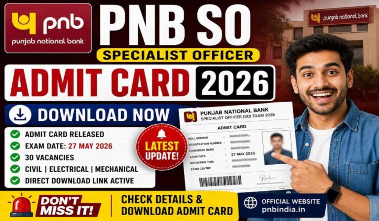 PNB SO Admit Card 2026 released for Specialist Officer online exam download