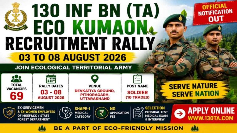 130 INF BN TA ECO KUMAON Recruitment Rally 2026 notification for 69 Soldier vacancies with rally dates, eligibility, and application details.