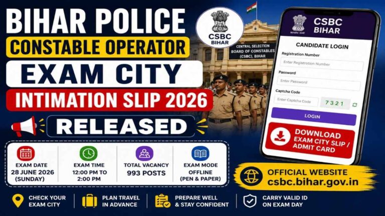 Bihar Police Constable Operator Exam City Intimation Slip 2026 Released for 993 Posts at CSBC Bihar