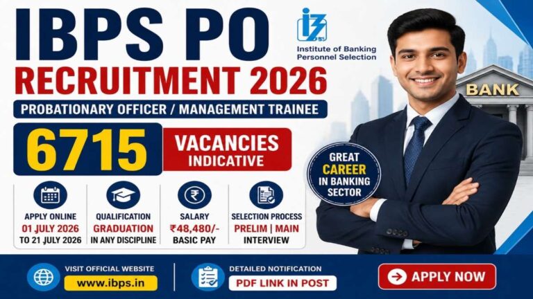IBPS PO Recruitment 2026 notification with 6715 indicative vacancies, eligibility, important dates and apply online details.