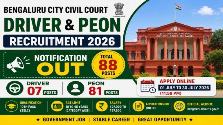 Bengaluru City Civil Court Driver & Peon Recruitment 2026 Notification Out for 88 Posts Apply Online