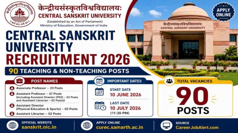 Central Sanskrit University Recruitment 2026 notification for 90 Teaching and Non-Teaching posts including Associate Professor, Assistant Professor, Assistant Director and Assistant Librarian vacancies.