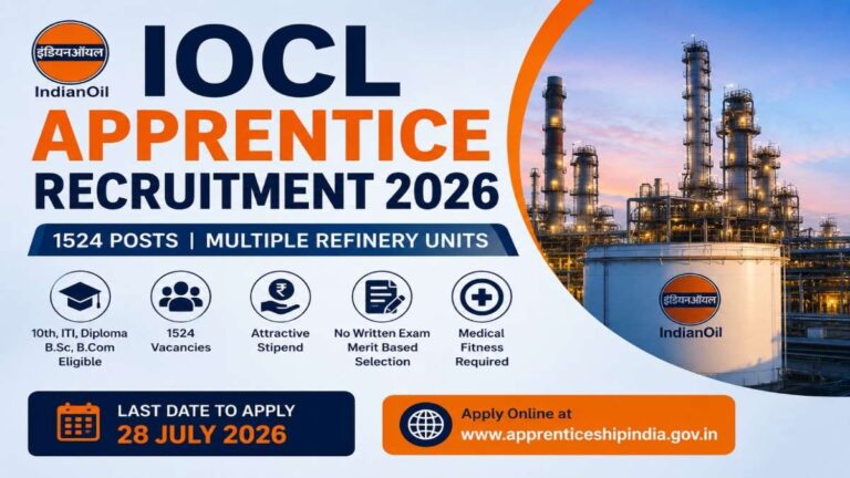 IOCL Apprentice Recruitment 2026 notification for 1524 Trade, Technician and Graduate Apprentice vacancies across multiple refinery units in India.
