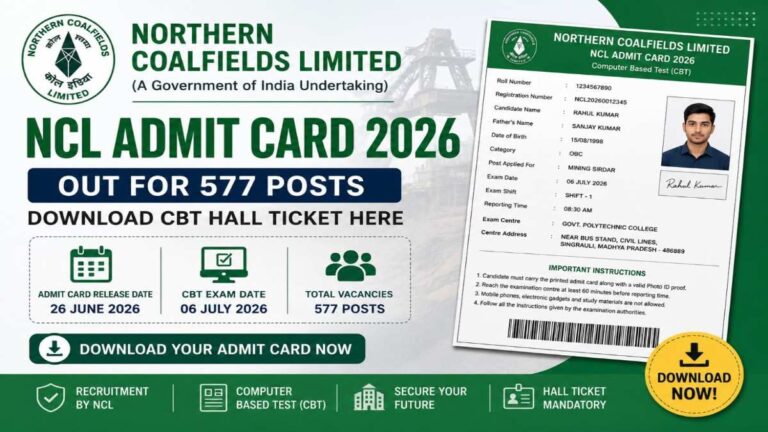 NCL Admit Card 2026 Download for 577 Various Posts CBT Exam Hall Ticket