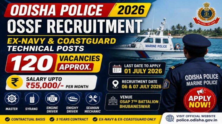 Odisha Police OSSF Ex-Servicemen Recruitment 2026 feature image for 120 technical posts including Master, Syrang, Engine Driver and Seaman Mechanic