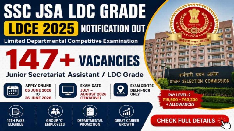 SSC JSA LDC Grade LDCE 2025 Notification feature image showing 149 vacancies, exam dates and salary details