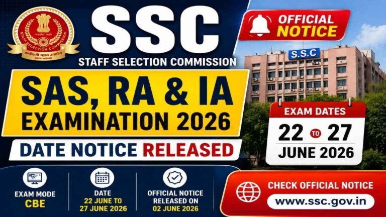 SSC SAS RA IA Examination 2026 official date notice released by Staff Selection Commission