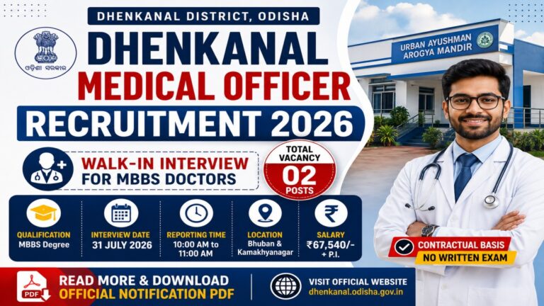 Dhenkanal Medical Officer Recruitment 2026 notification for MBBS doctors with 2 vacancies and ₹67,540 salary.