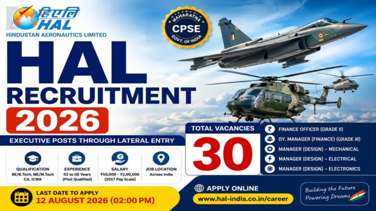 HAL Recruitment 2026 notification for 30 Executive Posts including Finance Officer, Deputy Manager and Manager Design posts
