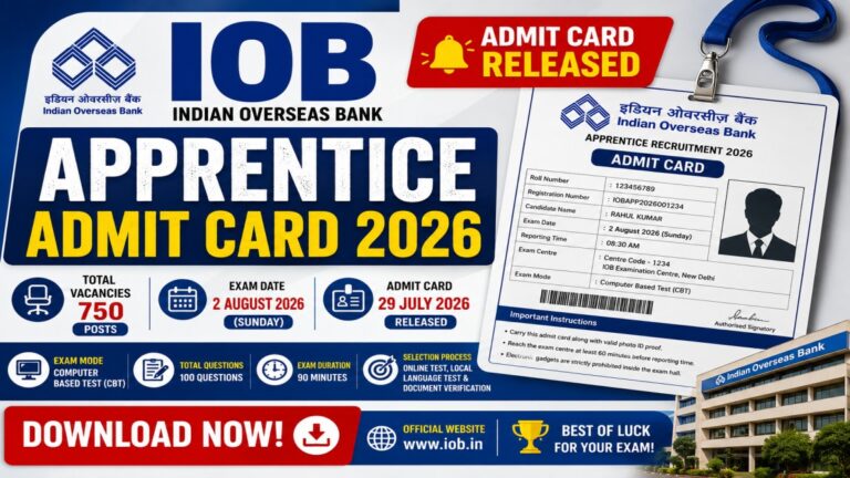 IOB Apprentice Admit Card 2026 Released for 750 Posts Exam on 2 August 2026