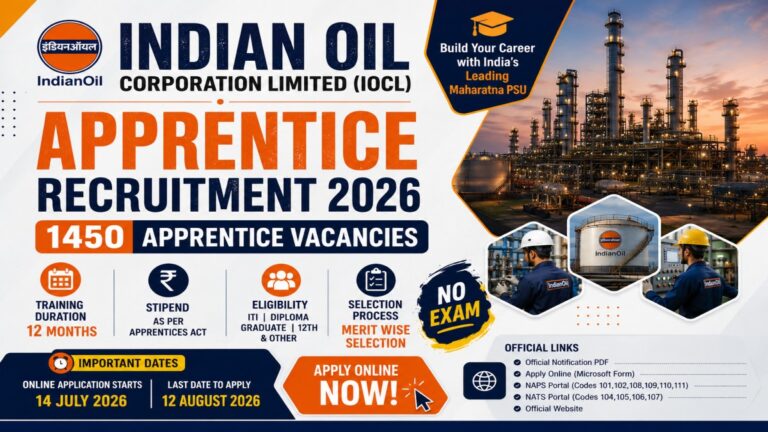 Indian Oil Apprentice Recruitment 2026 notification for 1450 apprentice vacancies with no exam merit based selection