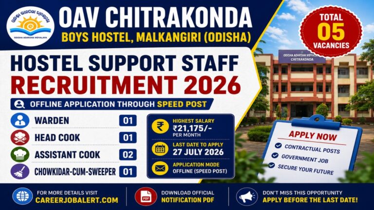 OAV Chitrakonda Boys Hostel Recruitment 2026 feature image showing Warden, Head Cook, Assistant Cook and Chowkidar-cum-Sweeper vacancies in Malkangiri, Odisha.