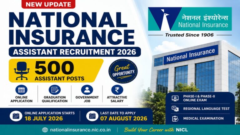National Insurance Assistant Recruitment 2026 notification released for 500 Assistant posts with online application dates and eligibility details