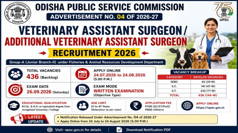 OPSC Veterinary Assistant Surgeon Recruitment 2026 notification for 436 backlog vacancies under Advertisement No. 04 of 2026-27.