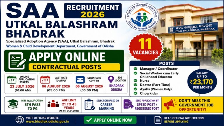 SAA Utkal Balashram Bhadrak Recruitment 2026 Apply Online for 11 Contractual Posts
