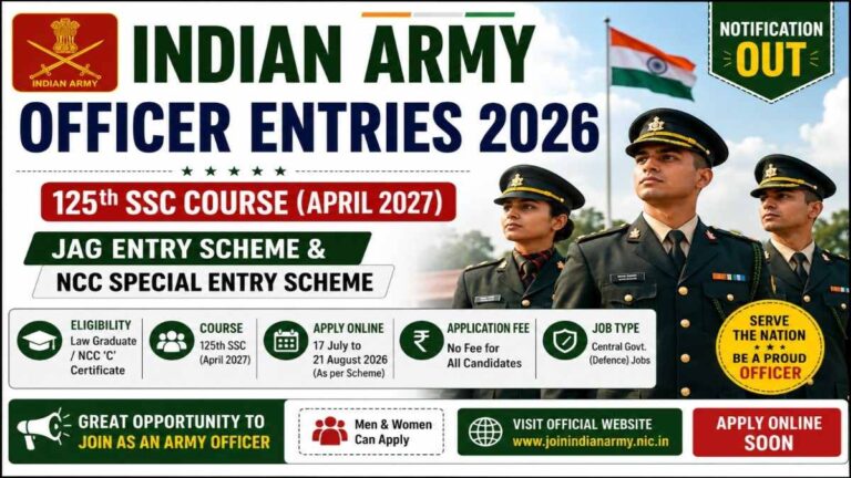 Indian Army Officer Entries 2026 Notification for 125th SSC JAG Entry and NCC Special Entry Scheme Apply Online