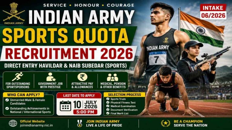 Indian Army Sports Quota Recruitment 2026 notification for Direct Entry Havildar and Naib Subedar Sports Intake 06/2026