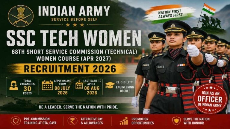 Indian Army SSC Tech Women Recruitment 2026 notification for 30 vacancies, apply online before 06 August 2026.