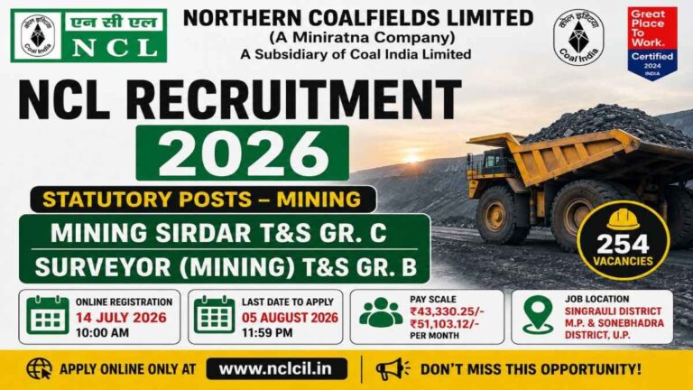 NCL Mining Sirdar & Surveyor Recruitment 2026 notification featuring 259 vacancies, eligibility, salary, and online application dates.