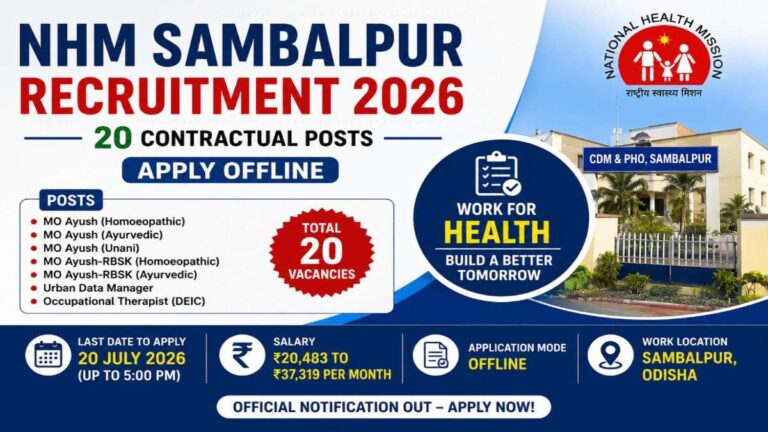 NHM Sambalpur Recruitment 2026 notification for MO Ayush, Urban Data Manager and Occupational Therapist posts