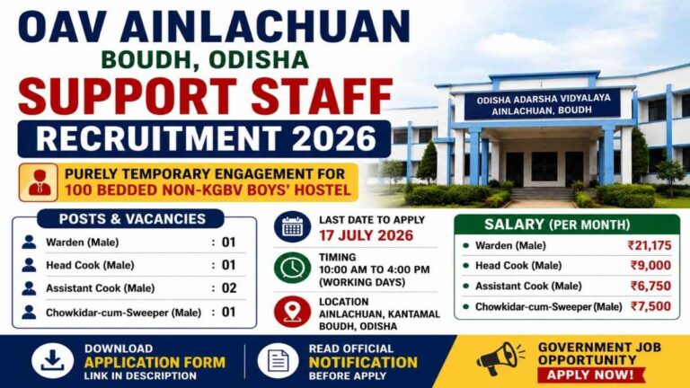 OAV Ainlachuan Boudh Support Staff Recruitment 2026 notification for Warden, Head Cook, Assistant Cook and Chowkidar posts