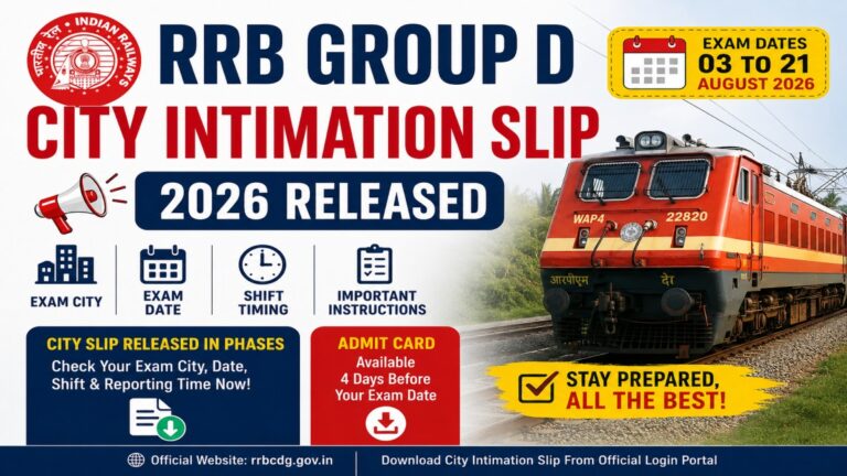 RRB Group D City Intimation Slip 2026 released for CBT exam city, exam date and shift timing
