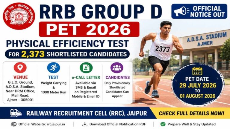 RRB Group D PET 2026 Physical Efficiency Test Schedule for 2373 Shortlisted Candidates