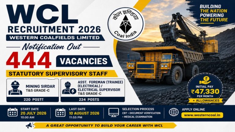 WCL Recruitment 2026 notification for 444 Mining Sirdar and Assistant Foreman posts with application dates, salary and selection process.