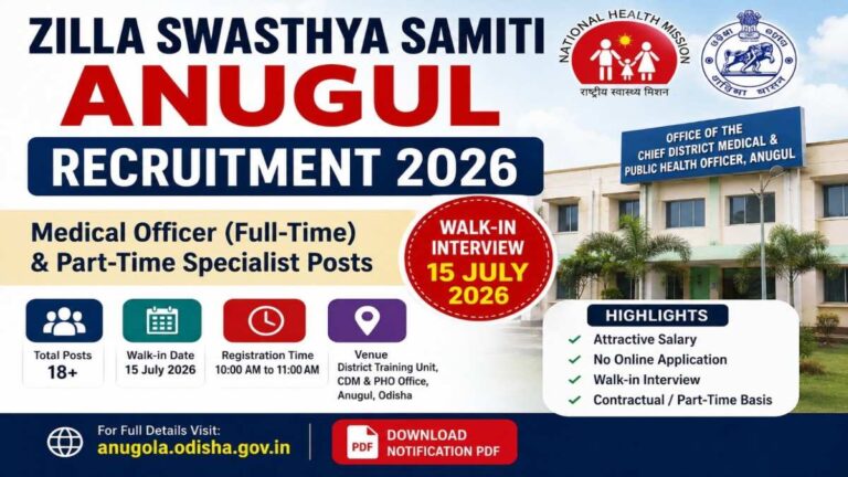 Zilla Swasthya Samiti Anugul Recruitment 2026 Walk-in Interview for Medical Officer and Part-Time Specialist Posts