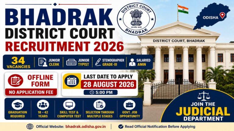 Bhadrak District Court Recruitment 2026 notification for 34 Junior Clerk, Junior Typist, Stenographer Grade III and Salaried Amin posts